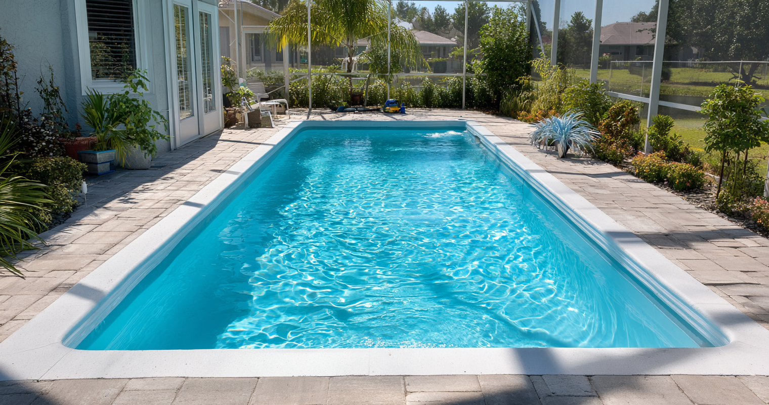Inground fiberglass pool installed in a Southwest Florida backyard