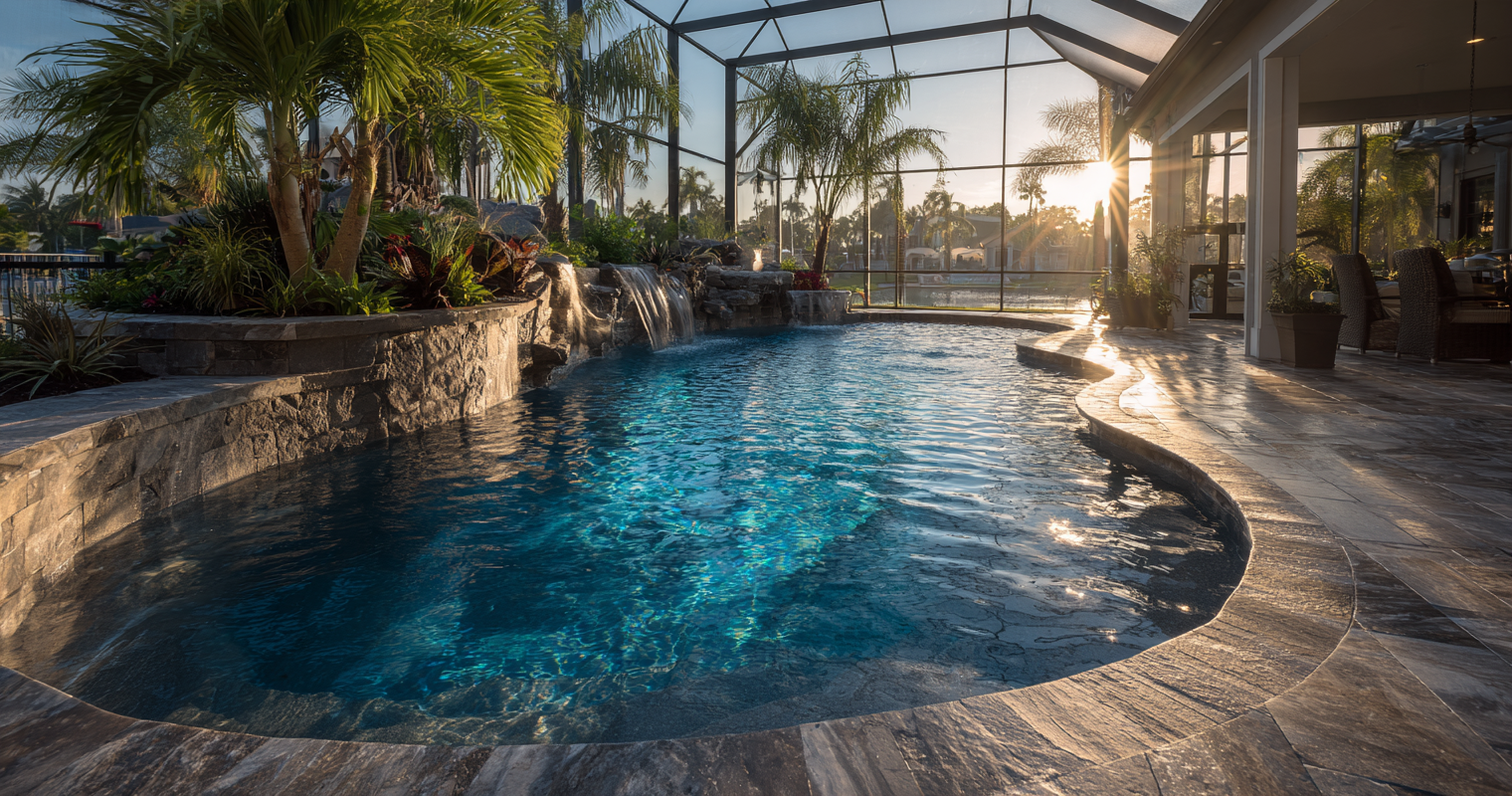 Gunite pool with paver deck and screen enclosure