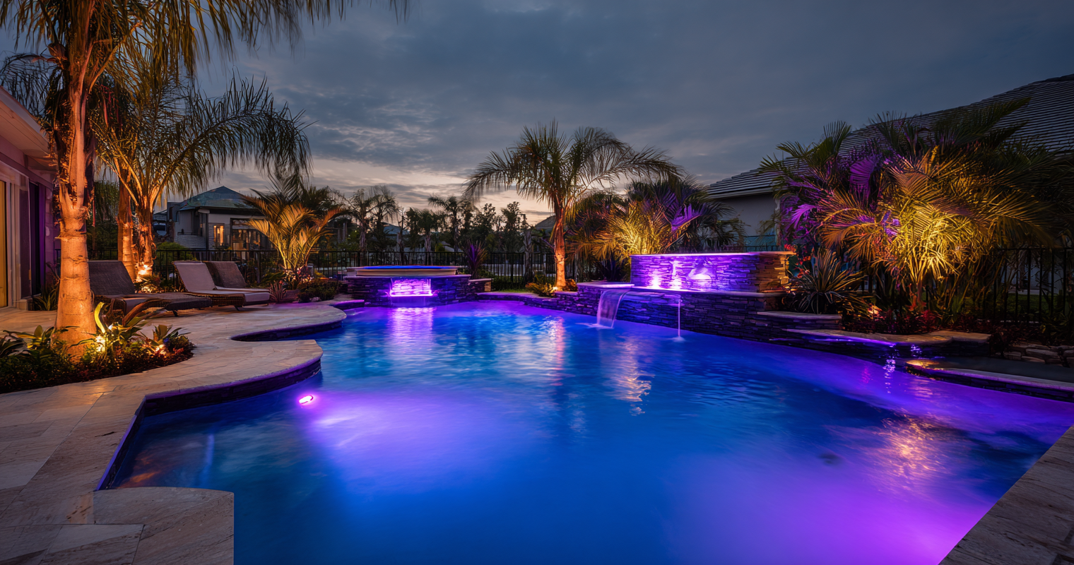 Colour-changing LED pool lighting illuminating a pool at night in Florida