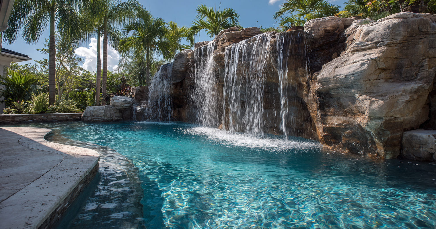 Rock waterfall feature flowing into a pool in Southwest Florida