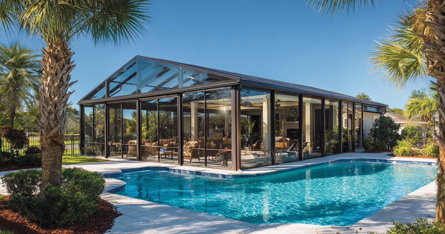 Pool screen enclosure cage protecting a backyard pool in Southwest Florida