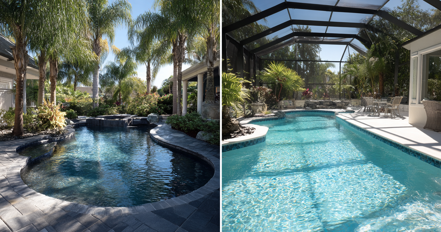 Infinity edge pool overlooking a Cape Coral canal at sunset