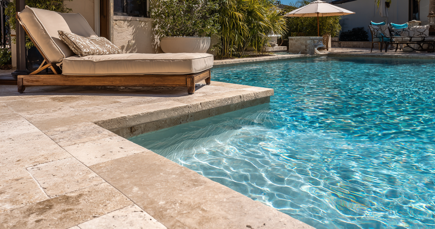 Tanning ledge sun shelf with loungers in a Southwest Florida pool