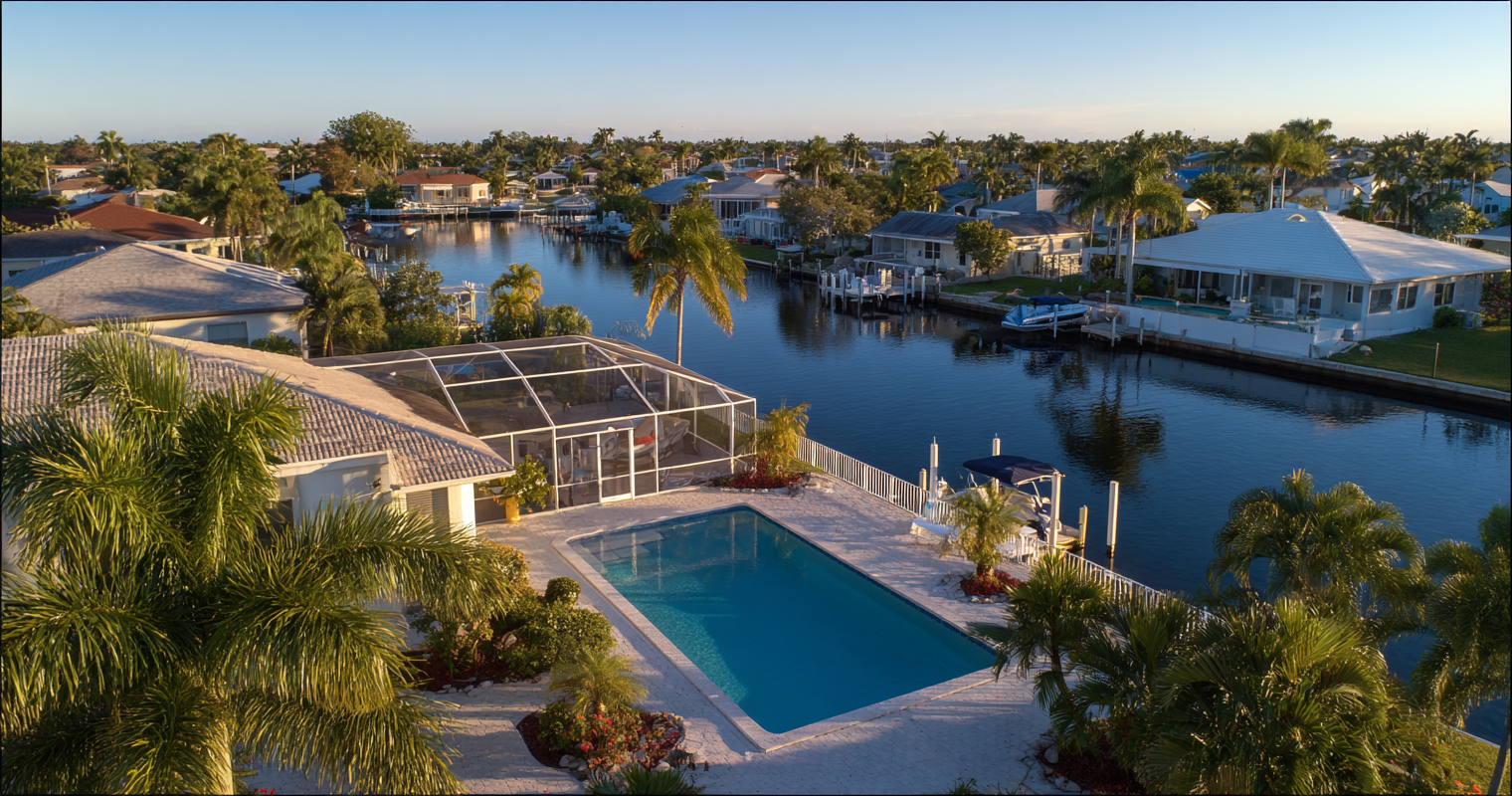 Southwest Florida backyard pool with palm trees and screen enclosure